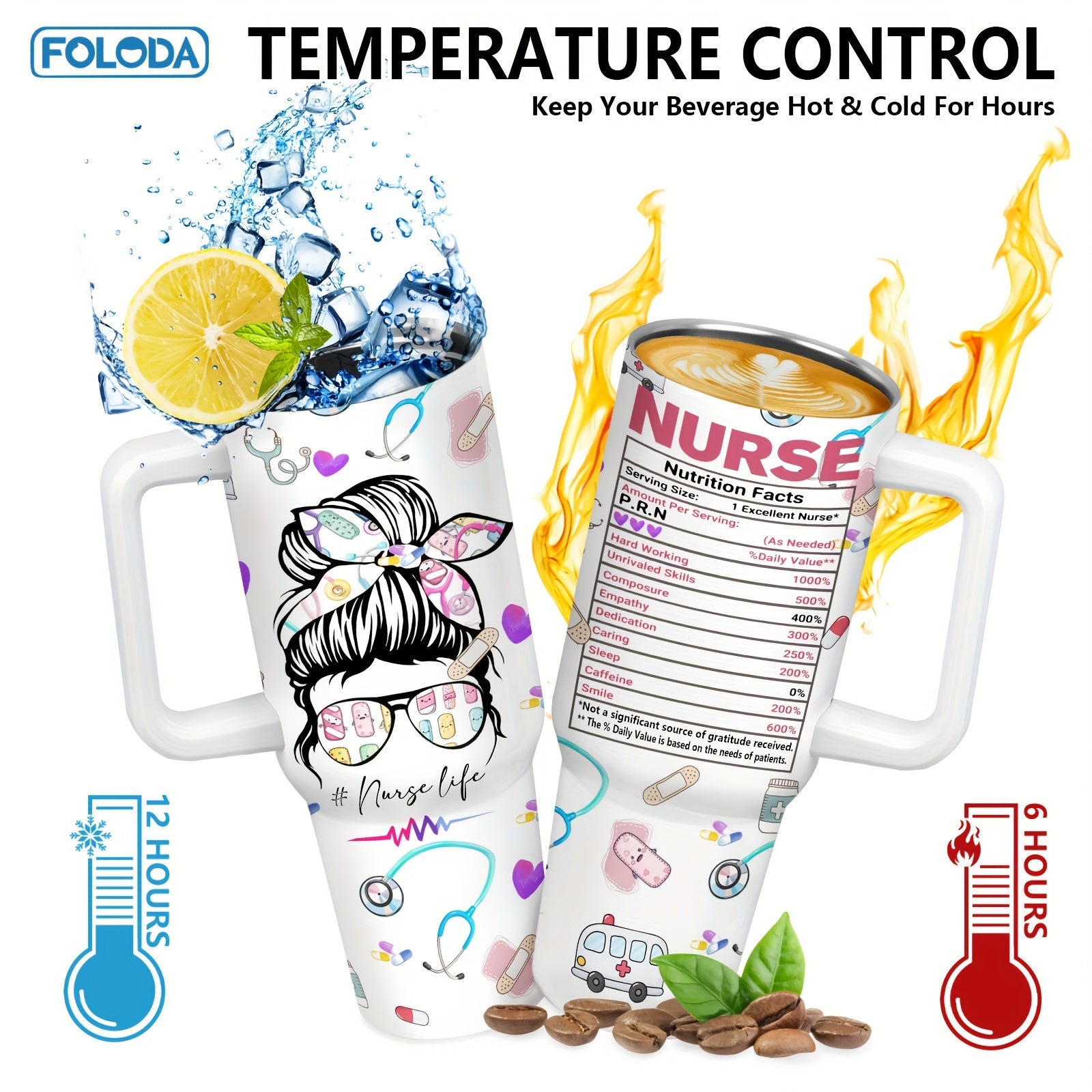 40oz Stainless Steel Travel Mug with Handle Lid Straw Insulated for Nurses and Graduations