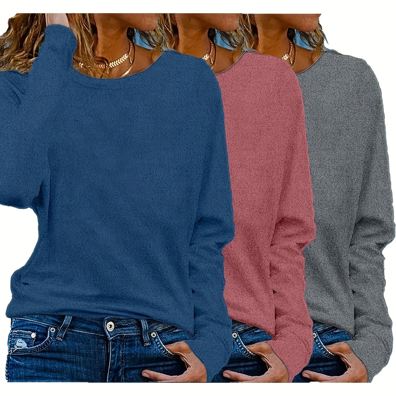 Women's Solid Color Round Neck Long Sleeve T-Shirts Casual Autumn Spring