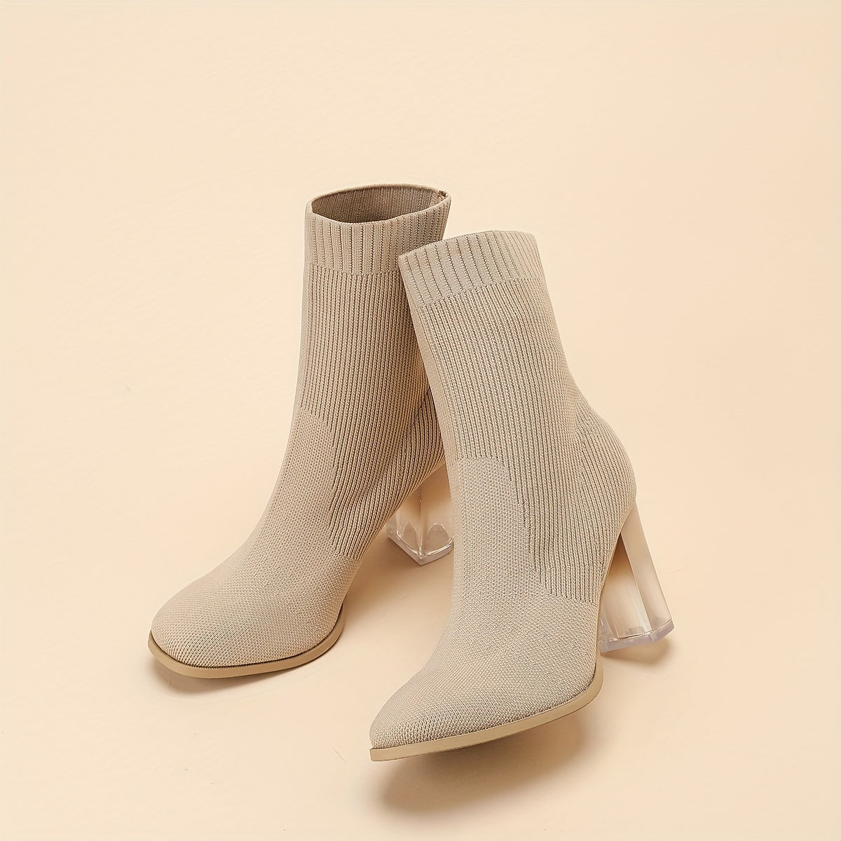 Women's Gradient Crystal-Heeled Short Boots with Round Toe and Chunky Heel