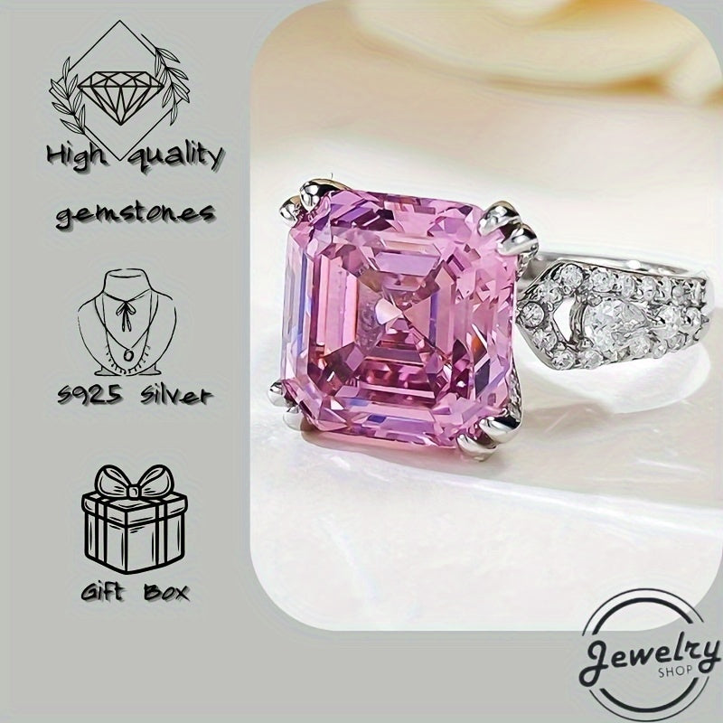 Sterling Silver Ring with Pink Cherry Blossom Synthetic Diamond 11x11mm for Parties