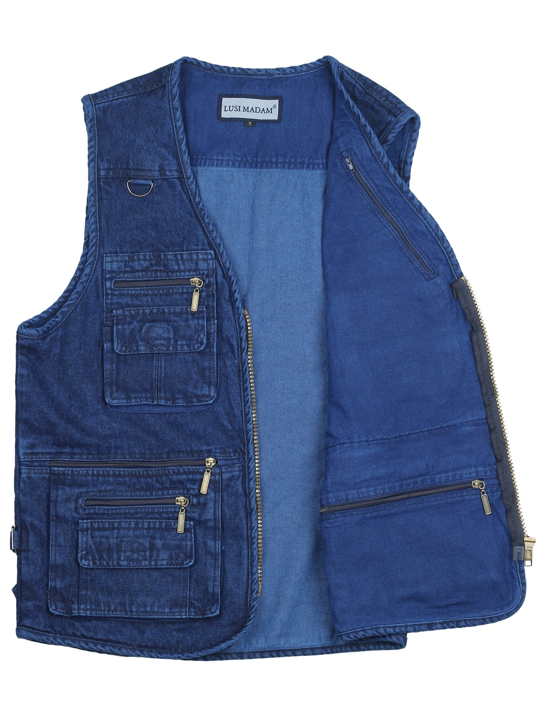 Plus Size Men's Denim Blue Zipper Vest with Multiple Pockets for Outdoor Activities
