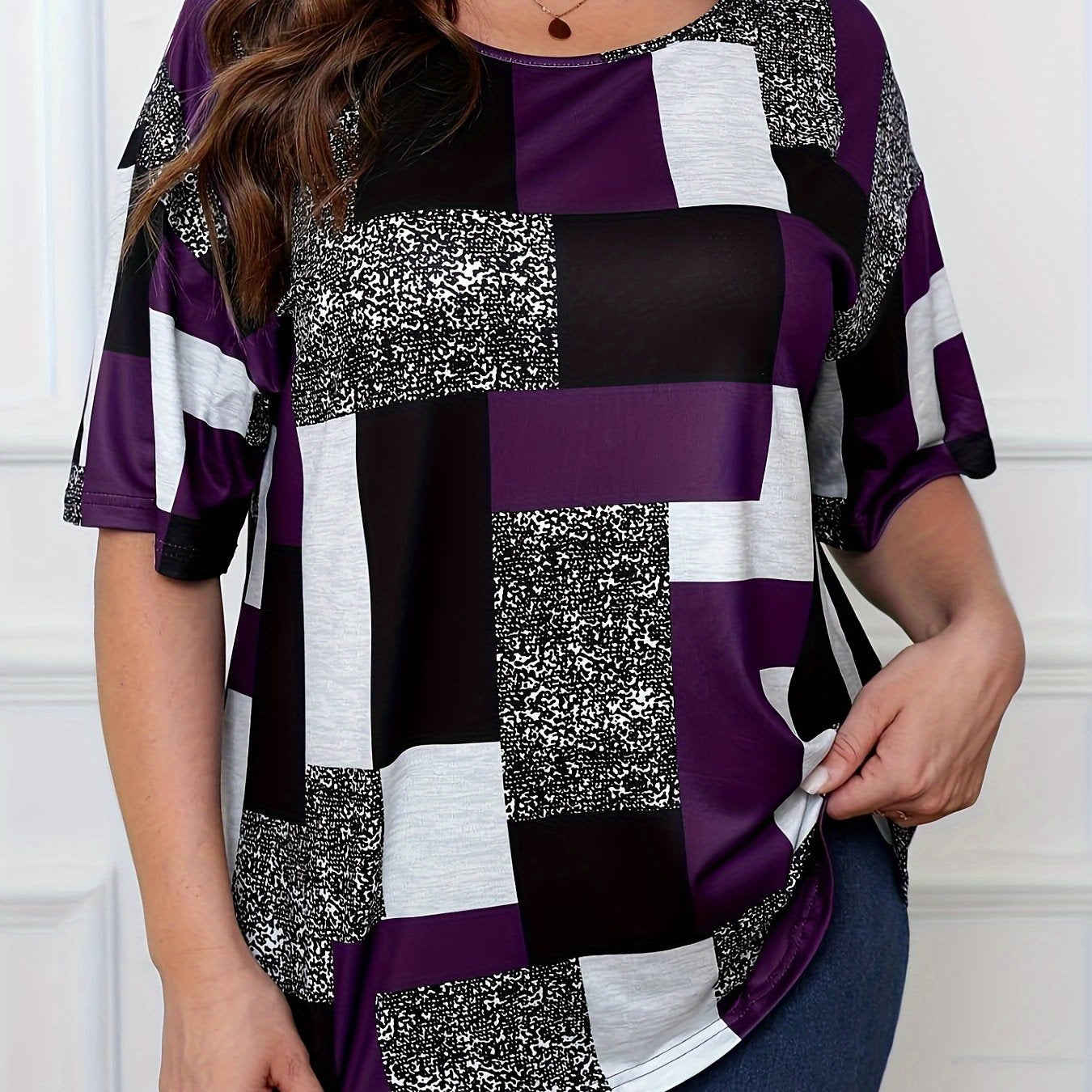 Plus Size Patchwork Print T-Shirt for Women Spring Summer Casual Plaid Crew Neck