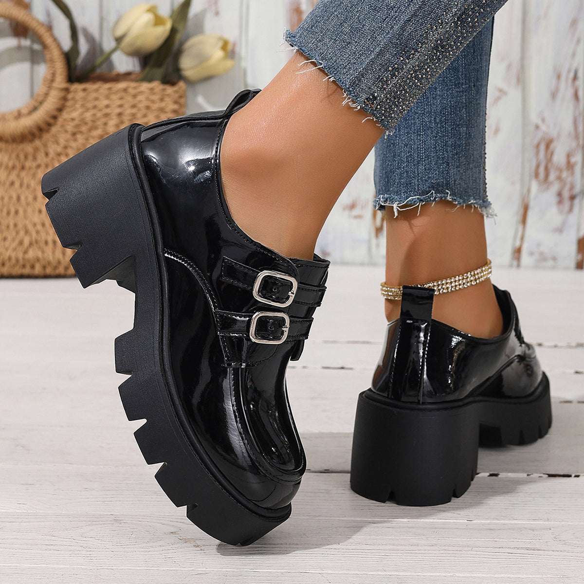 Women's Black Platform Loafers with Chunky Heel and Round Toe