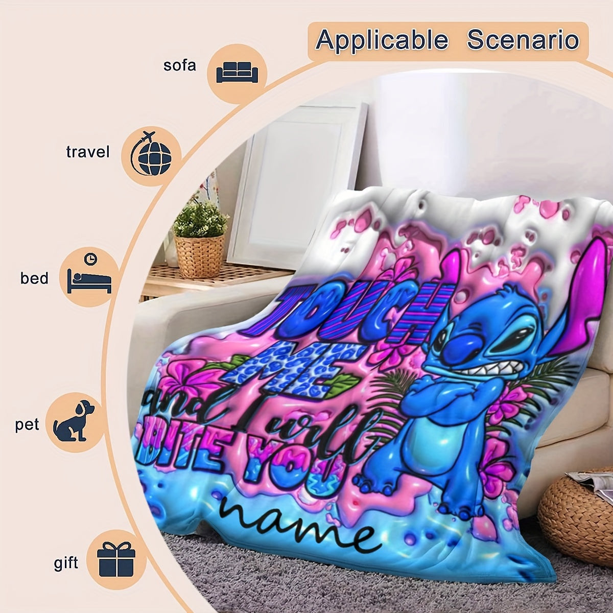 Reversible Fleece Blanket with Custom Name Print Anime Style Mixed Colors for All Seasons