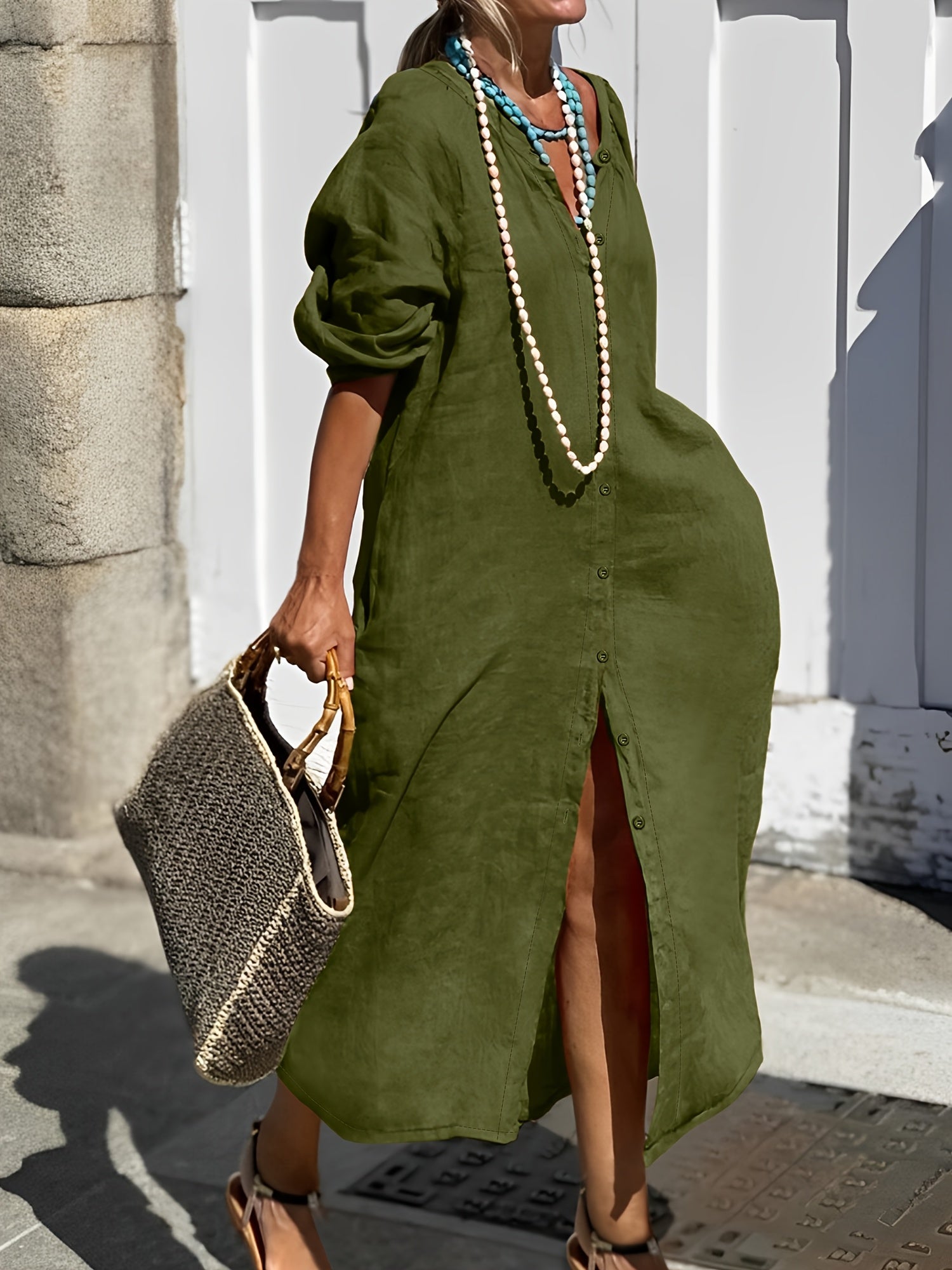 Women's Plus Size Spring and Autumn Cardigan Dress with Round Neck Long Sleeves Pockets