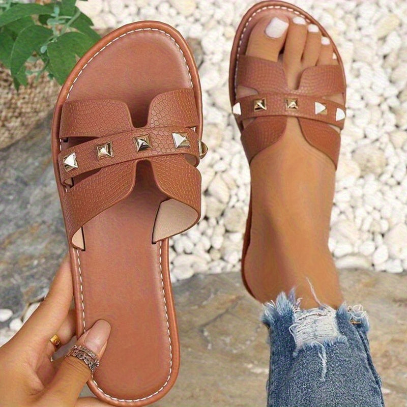 Women's Flat Sandals with Stud Detail and Bow Accent Open-Toe Casual Shoes