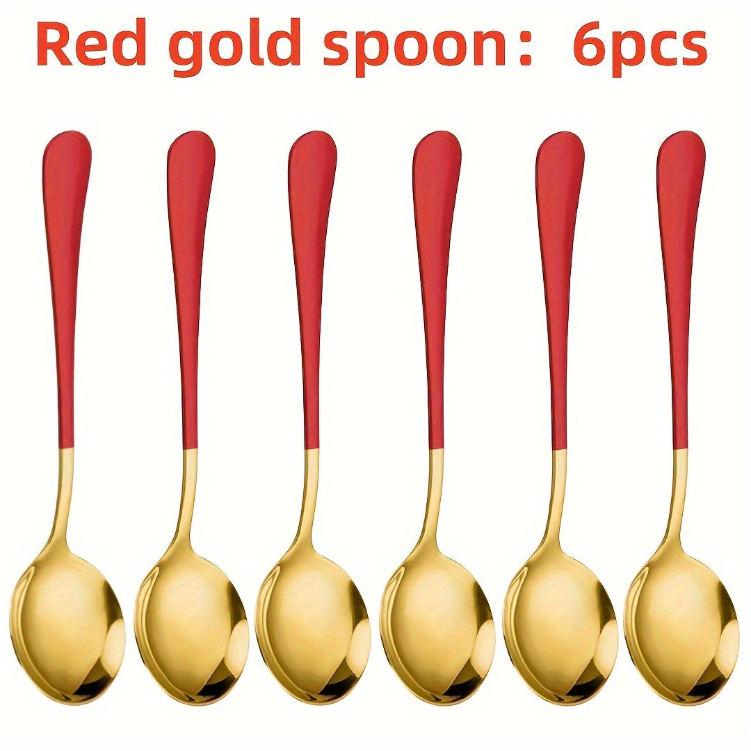 Set of 6 Long-Handled Stainless Steel Spoons for Coffee and Desserts in Multiple Colors