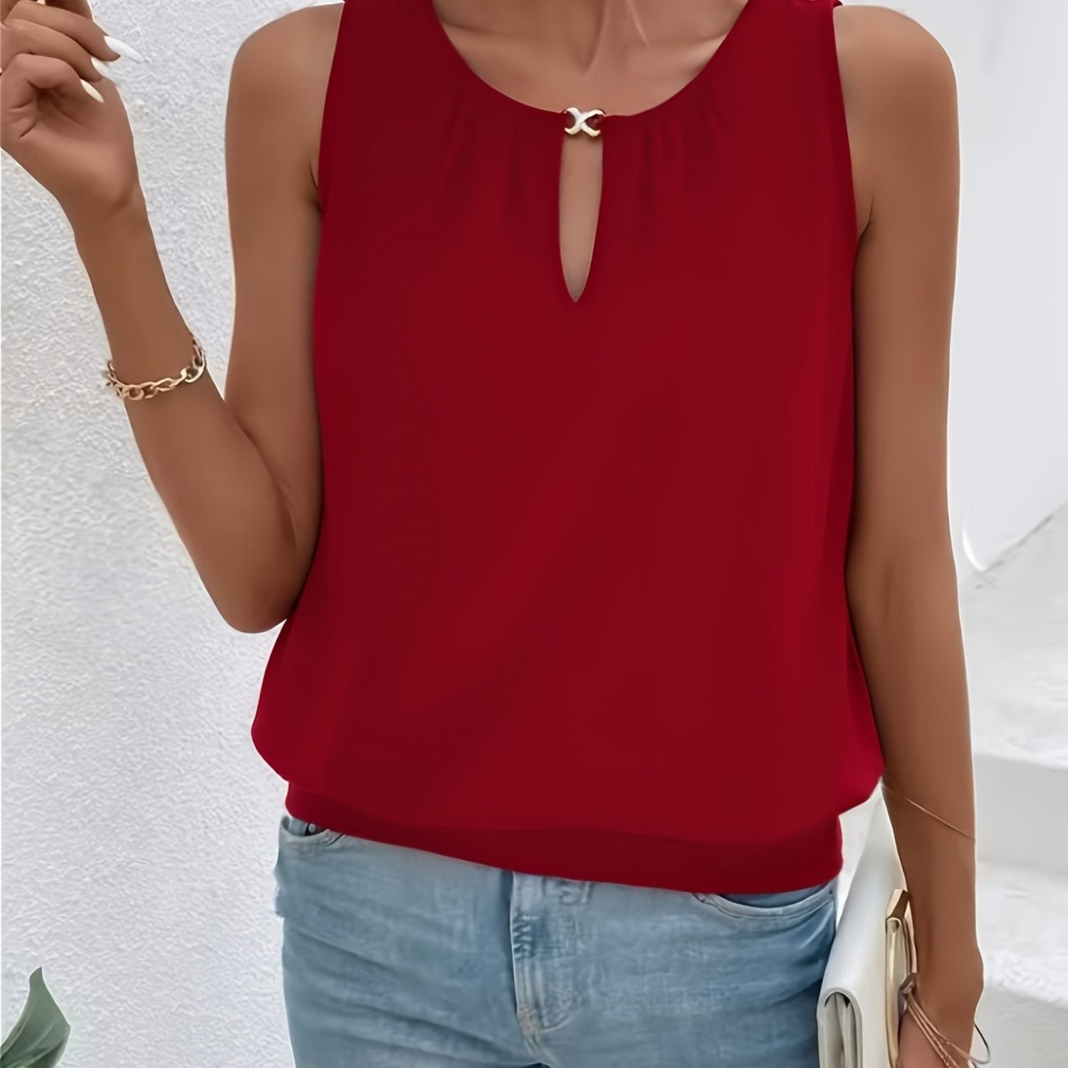 Top de tirantes para mujer talla grande sin mangas con escote en V y abertura en forma de llave para verano casual