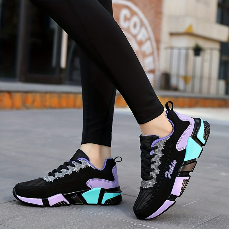 Women's Colorblock Mesh Sports Shoes Low Top Running Sneakers Breathable Casual Lace-Up