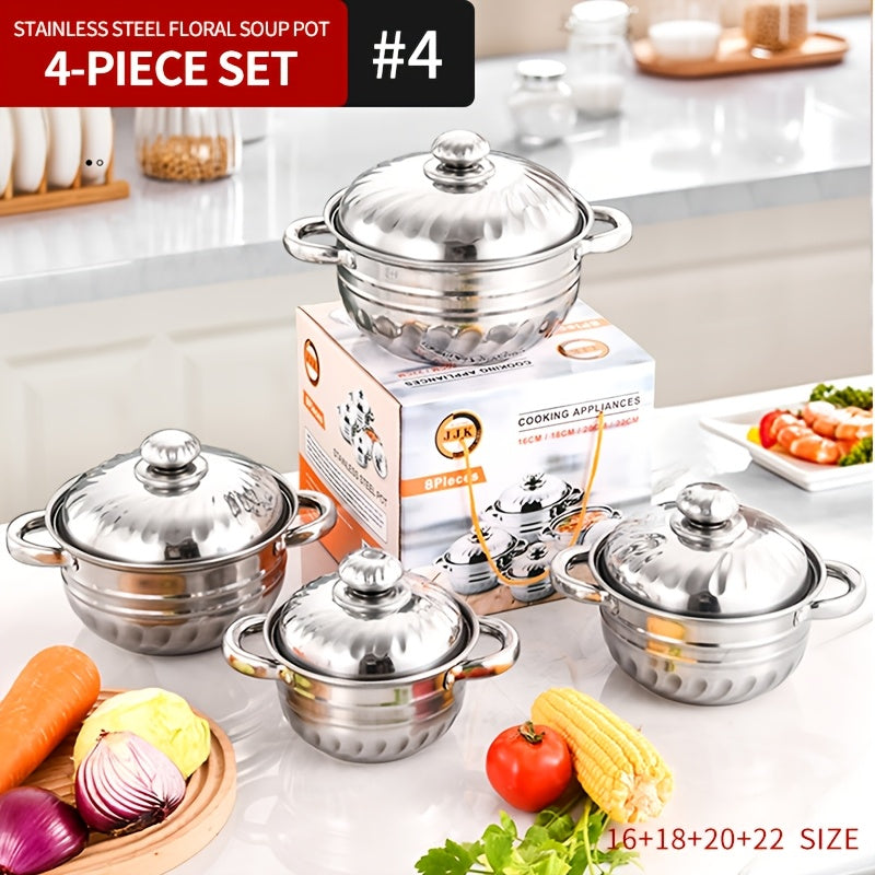 Set of Four Stainless Steel Cookware Pots with Floral Design for Induction Cooking