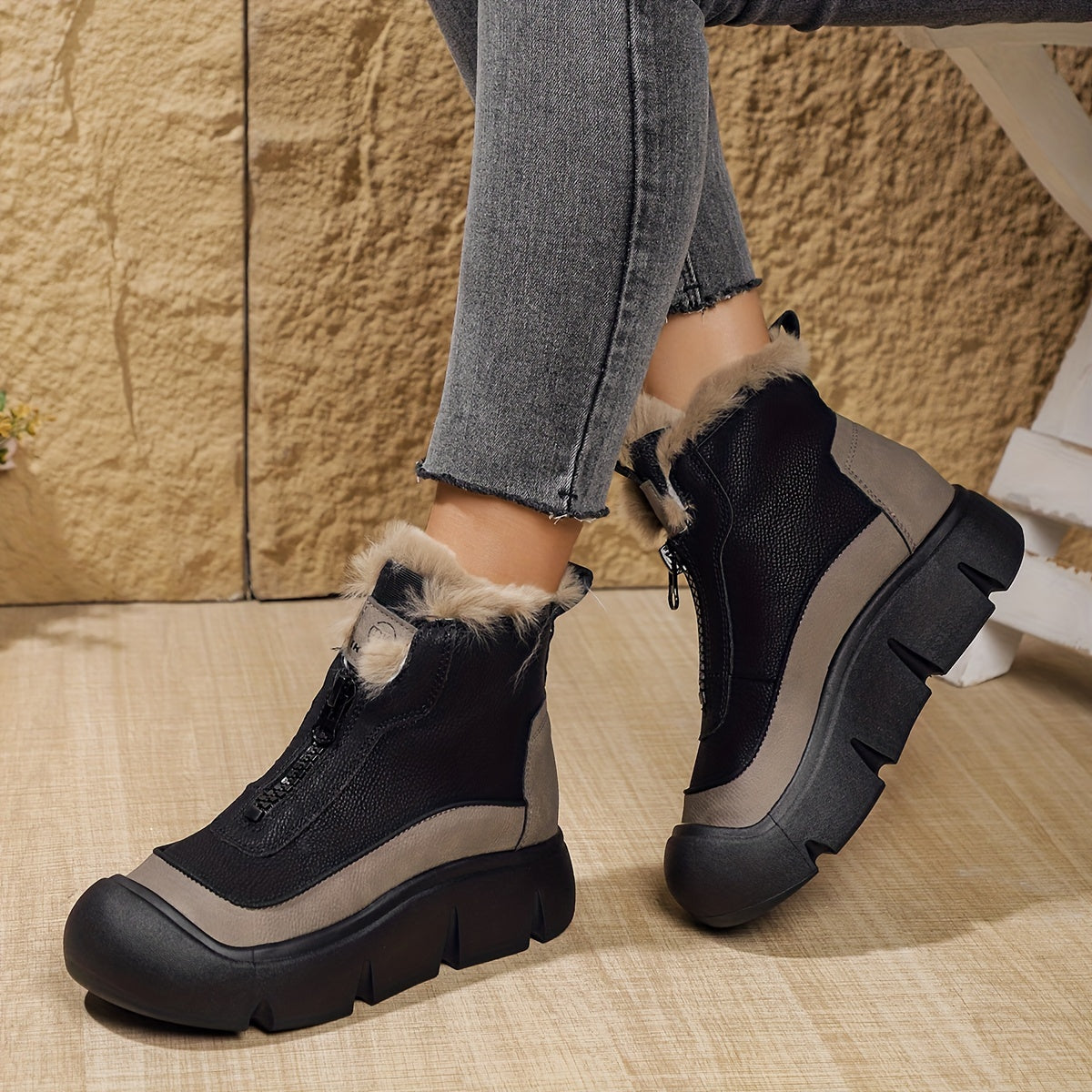 Women’s Mid-Calf Chelsea Boots Faux Fur Trim All-Season Winter Flats