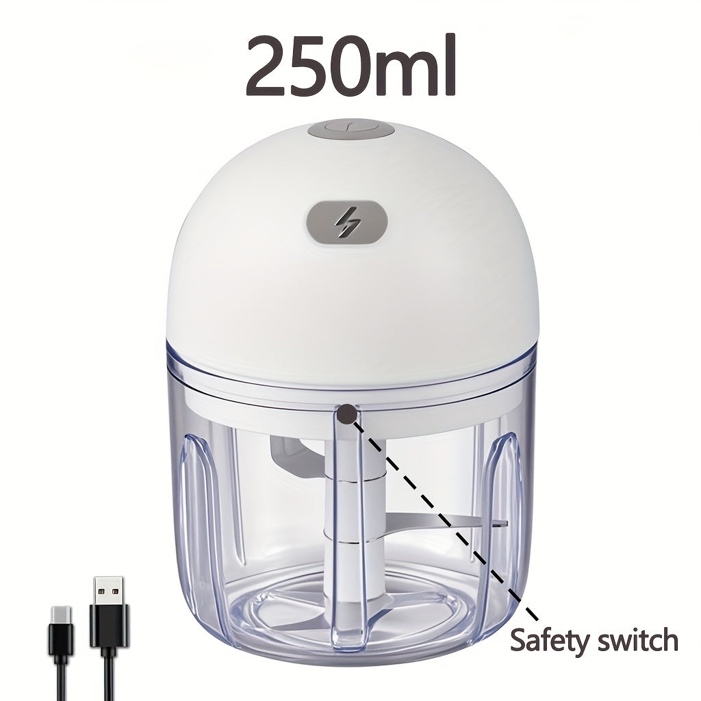 Stainless steel pichoqli USB qayta zaryadlanadigan sarimsoq bosish va maydalash qurilmasi, turli taomlar uchun kompakt va portativ dizayn, 36V xavfsiz kuchlanish, 500mAh batareya, bardoshli plastmassa korpus.