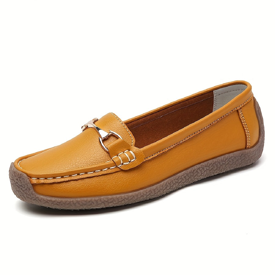 Women's Casual Brown Faux Leather Slip-On Loafers with Metal Buckle