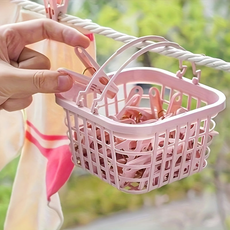Juego de 30 pinzas de ropa de plástico con cesta de almacenamiento, clips de lavandería resistentes al viento para calcetines y ropa de cama