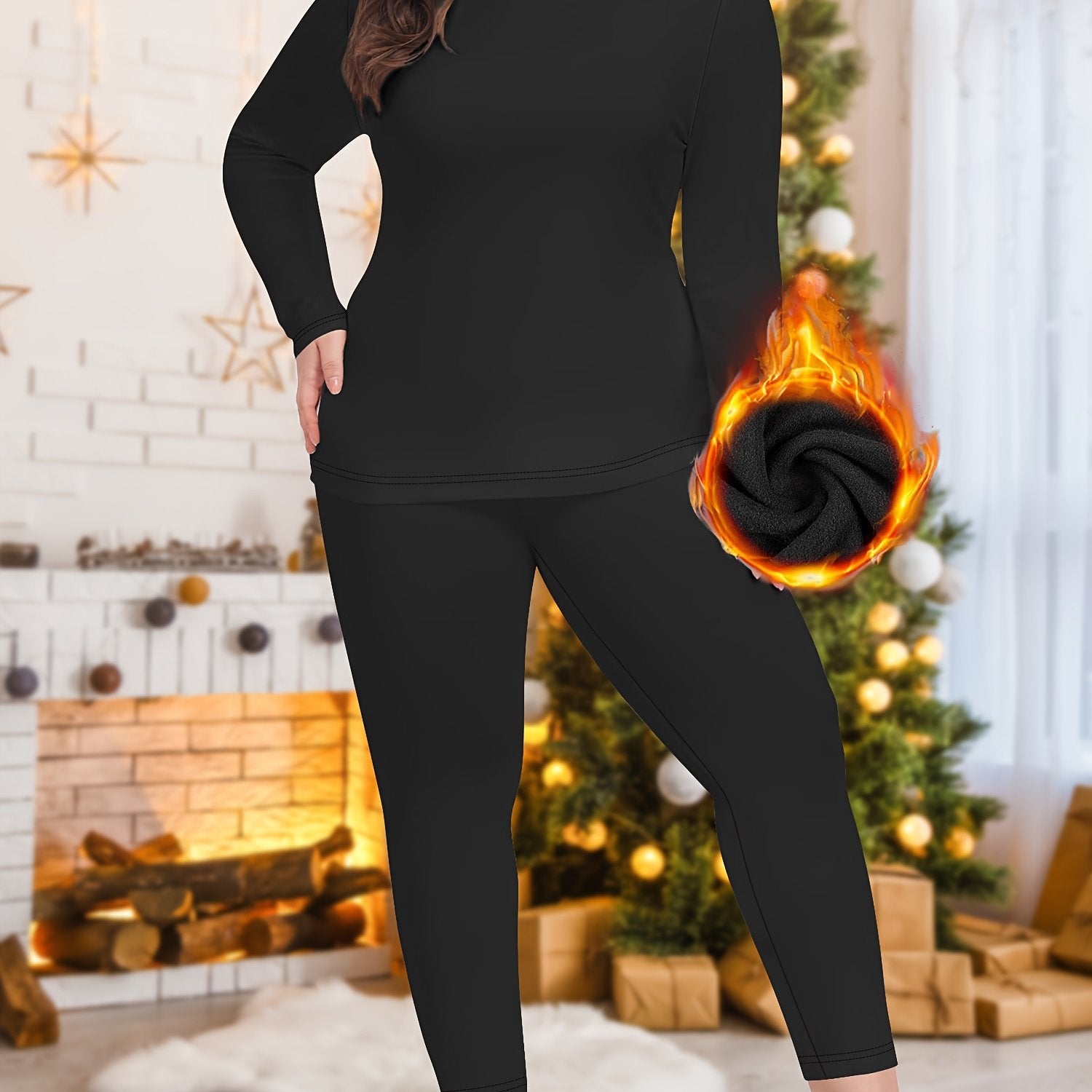 Plus Size Women's Thermal Underwear Set Long Sleeve Top and Tights Winter