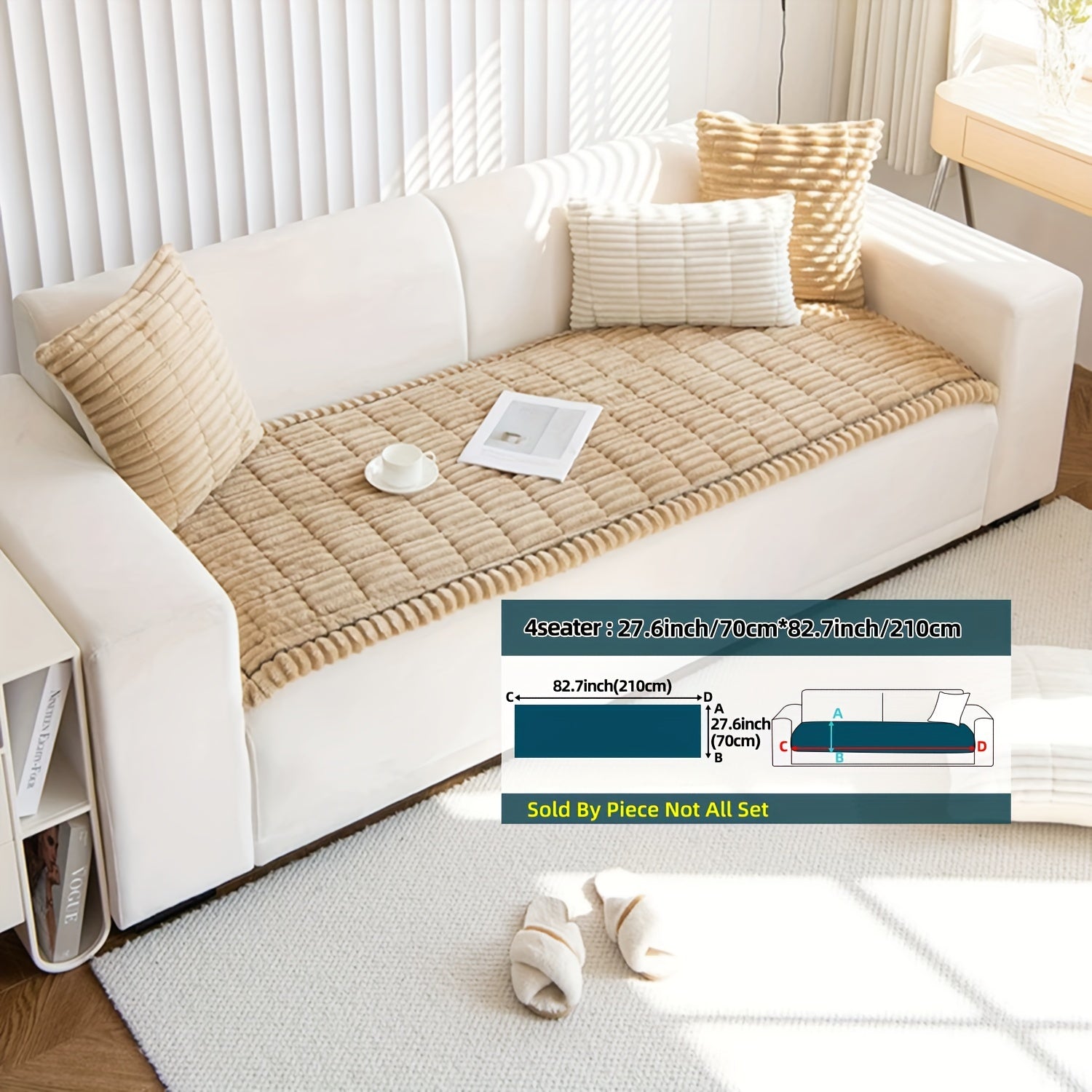 Boho Style Quilted Short Plush Sofa Cover with Ruffle Design Non-Slip Pet Friendly Machine Washable