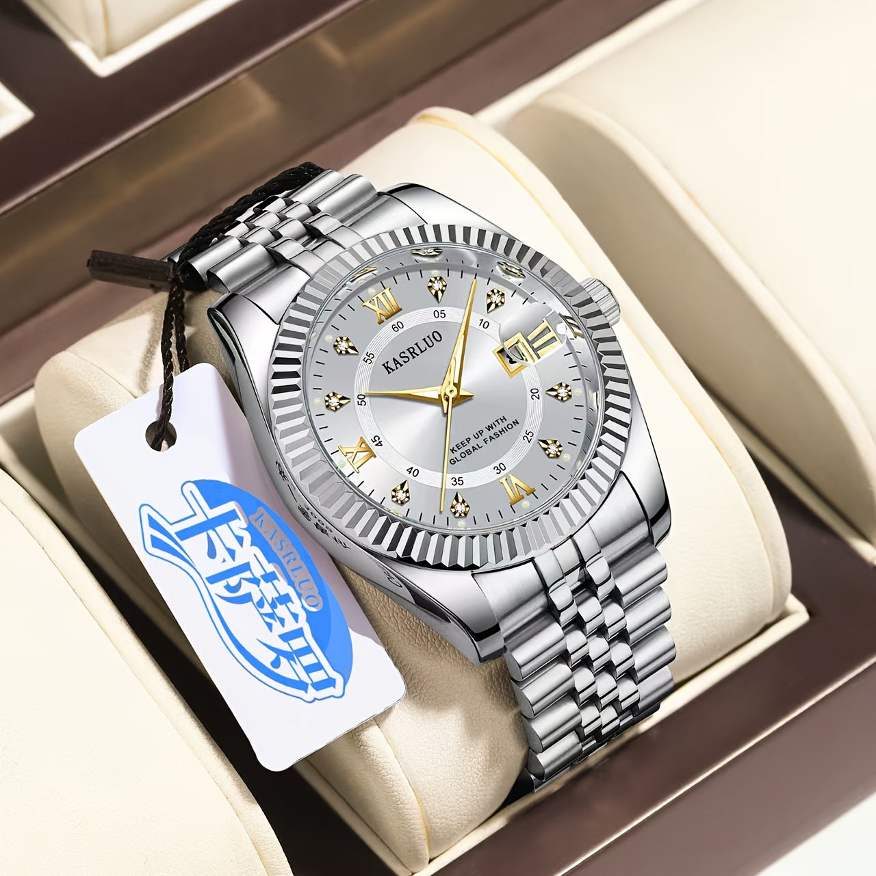 Men's Quartz Watch with Luminous Date Display Gold-Tone Stainless Steel Band Rhinestone Detailing Business Style