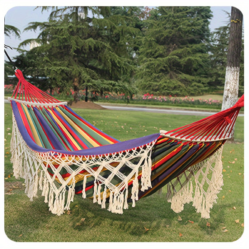 Bohemian Style Cotton Blend Hammock with Fringe Thick Ropes 204kg Capacity for Outdoor Garden Patio