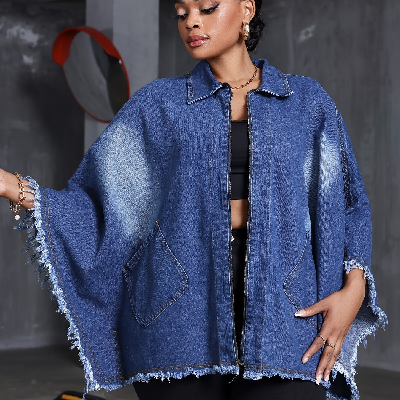 Women Plus Size Denim Coat Loose Fit Batwing Sleeve Washed Blue Denim Outerwear