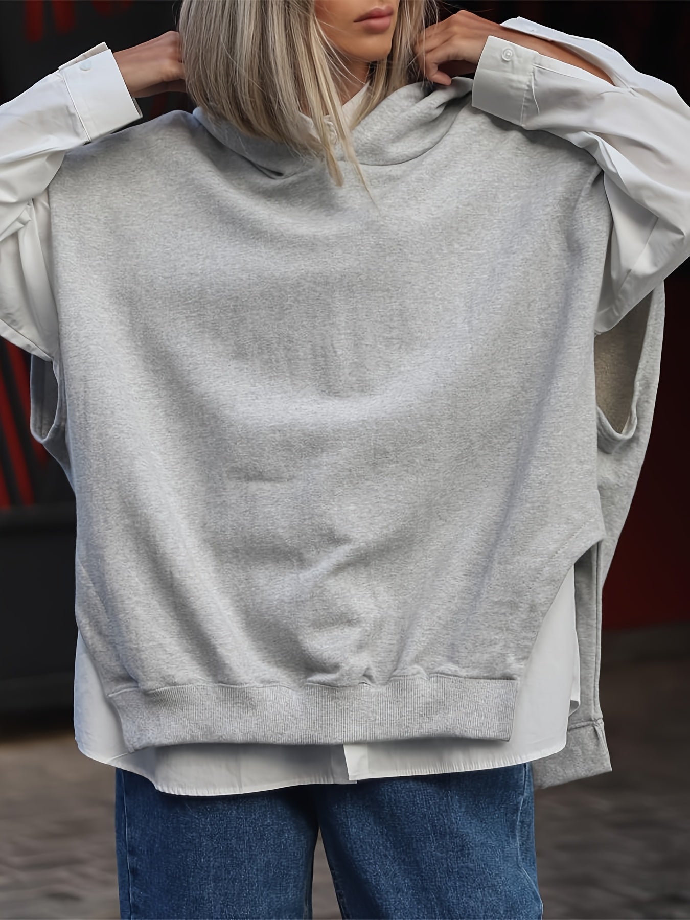 Sudadera sin mangas de talla grande para mujer con dobladillo con abertura para primavera y otoño casual