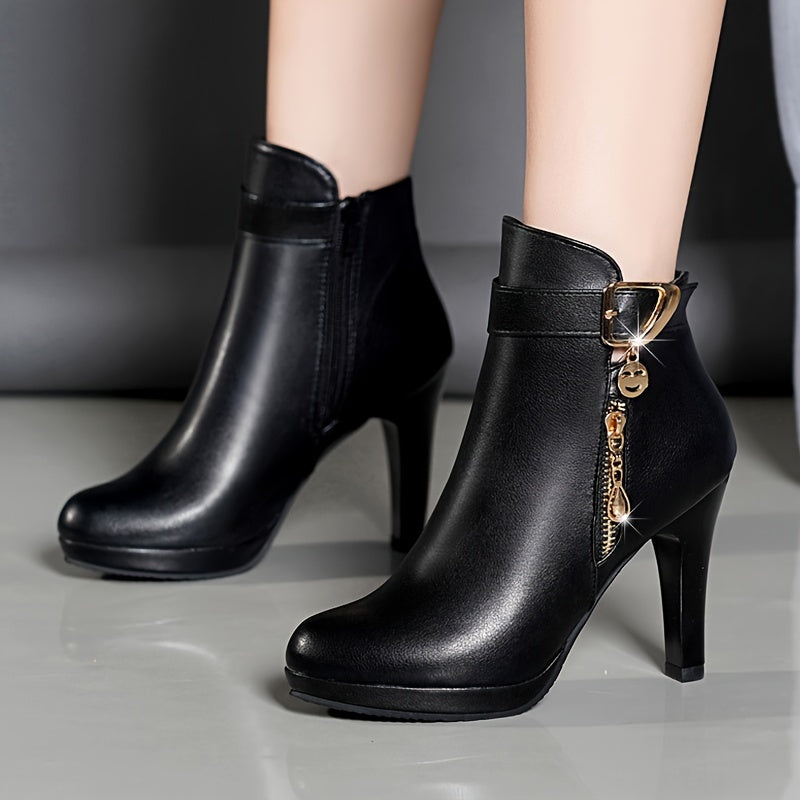 Women's Waterproof Faux Leather Ankle Boots with Side Zipper Chunky Heel