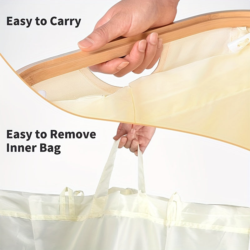 100L Tall Laundry Basket with Lid Bamboo Handles Waterproof Collapsible Storage Bin Cream White