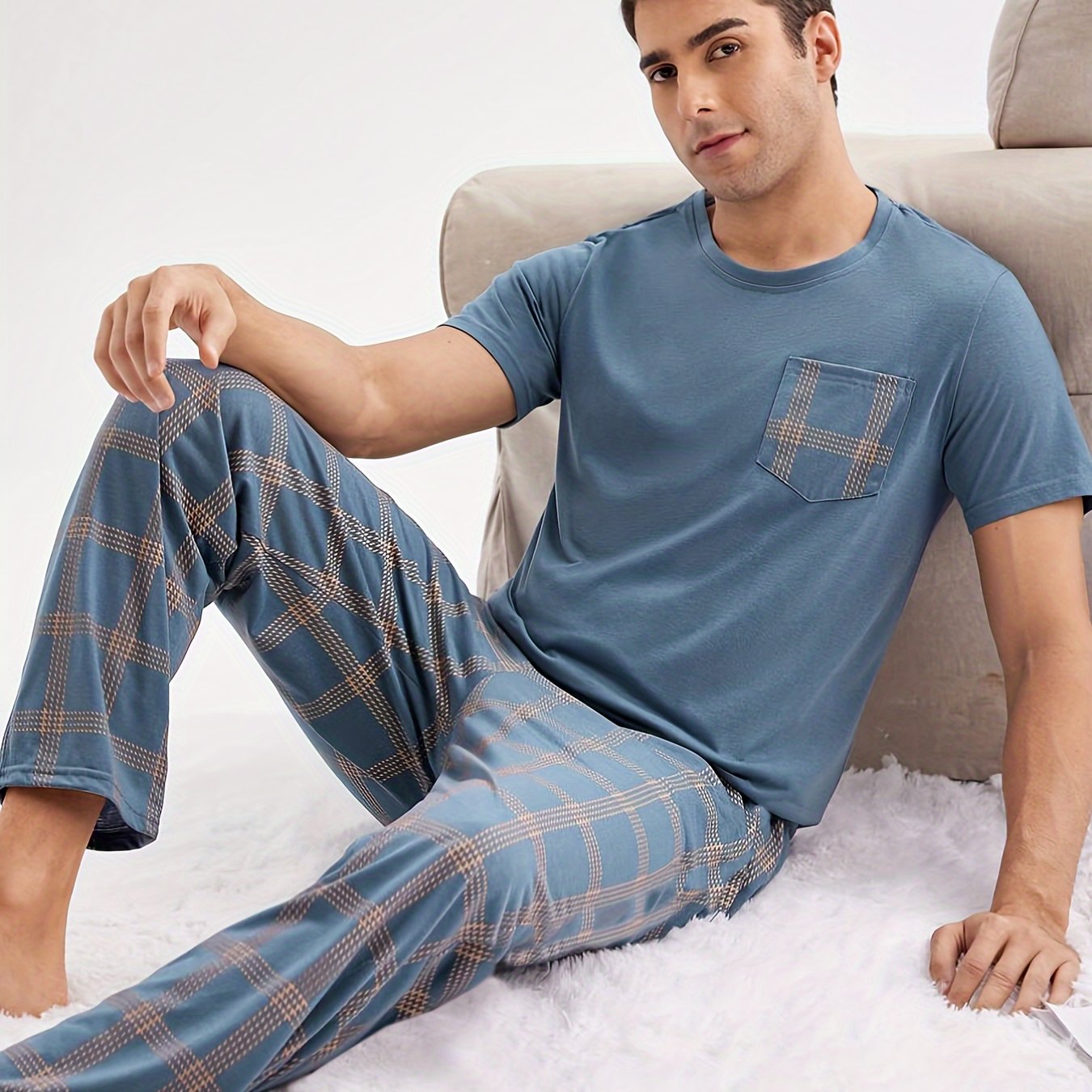Men's Casual Blue Short Sleeve Top and Plaid Long Pants Loungewear Set Polyester