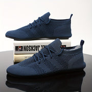 Erkaklar uchun qulay yurish poyabzallari, bir rangli to'qilgan dizayn, nafas oladigan mato, sirpanmaydigan kauchuk taglik va tashqi faoliyatlar uchun mustahkam yumshoq taglik.