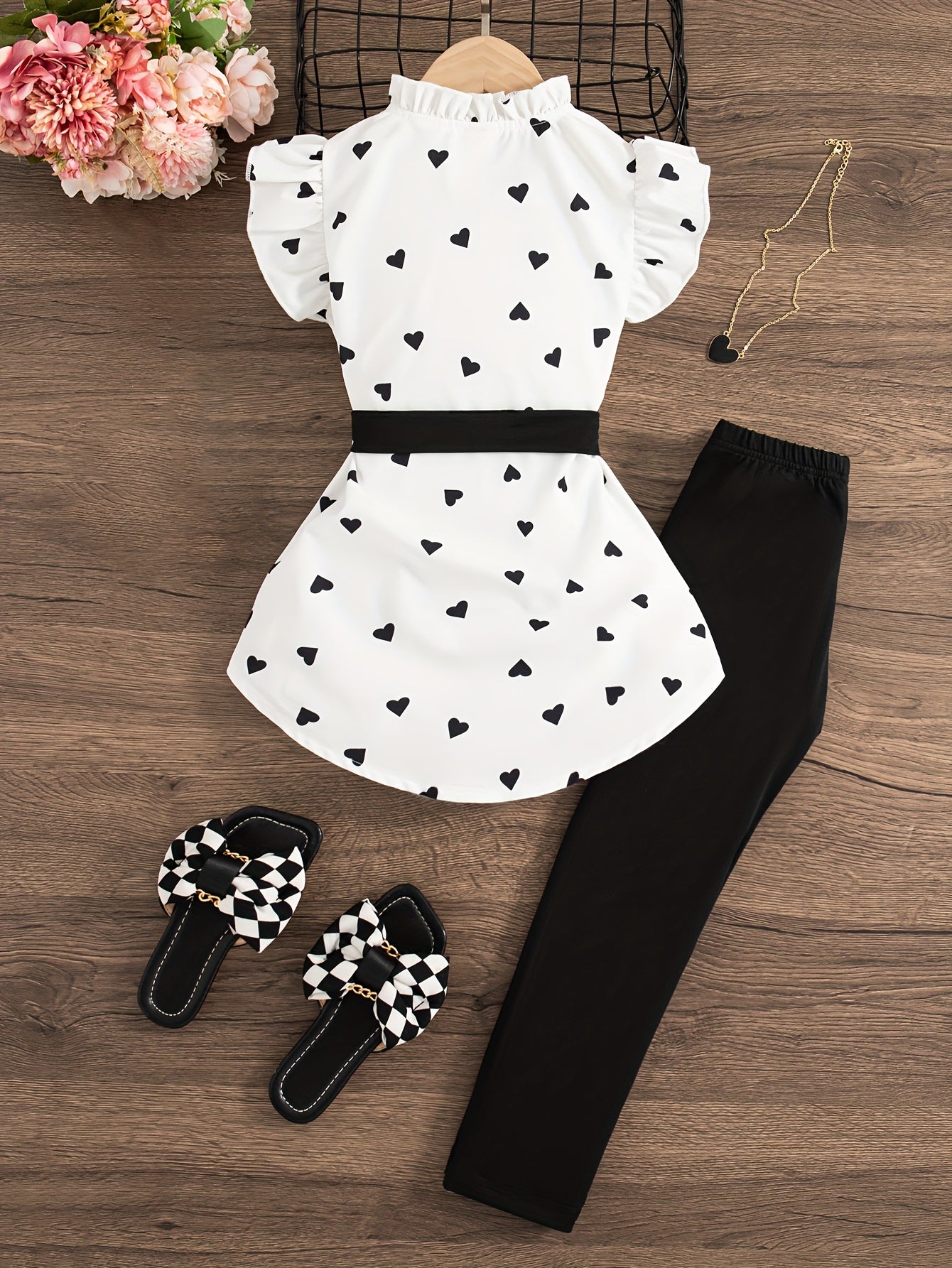 Girls Summer Casual 2-Piece Set Sleeveless Heart Print Top and Pants Polyester Regular Fit