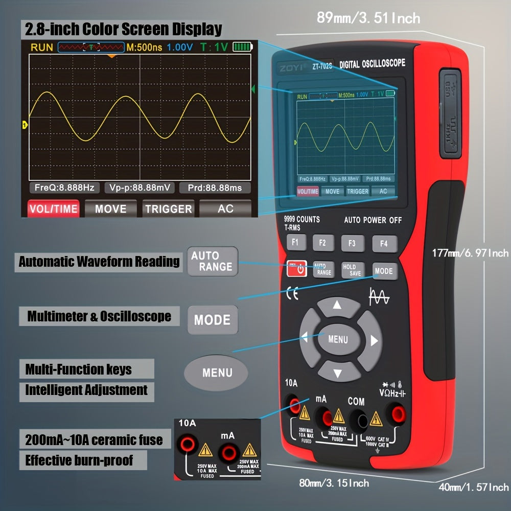 Digital Oscilloscope and Multimeter Combo 10MHz True RMS High-Speed 48m/S