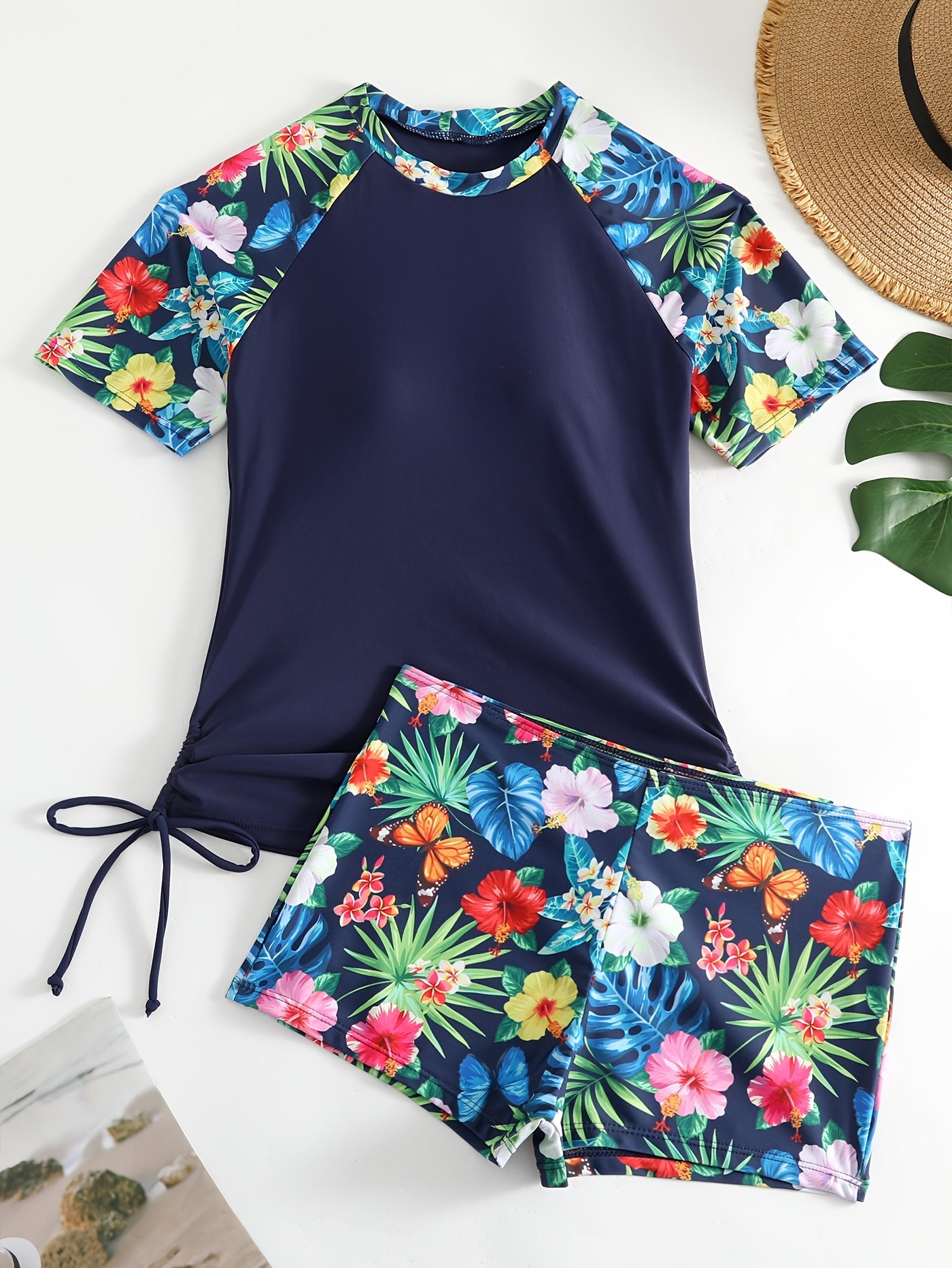 Women's Tropical Plant Print Tankini Set with Sun Protection Top and Boxer Shorts Swimsuit
