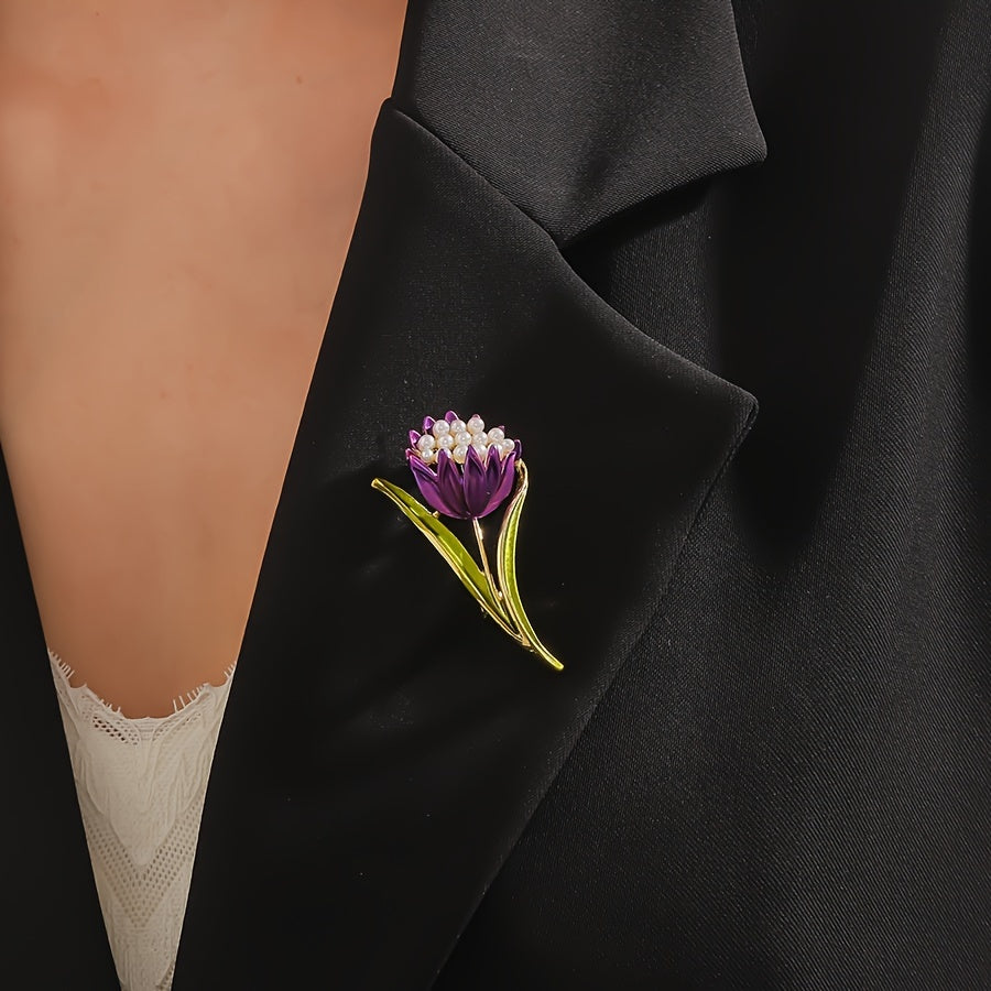 Women's Tulip-Shaped Brooch with Faux Pearl Decoration for Dresses and Coats