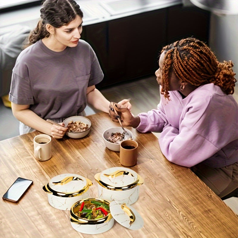 Stainless steel konstruktsiyali va qopqog'li 3 ta termal kaserollardan iborat to'plam - Ovqatni issiq va sovuq saqlash uchun izolyatsiya qiladi, bufetlar yoki ofis stolida xizmat qilish uchun ideal. Taomlarni issiq va yangi saqlash uchun mukammal.