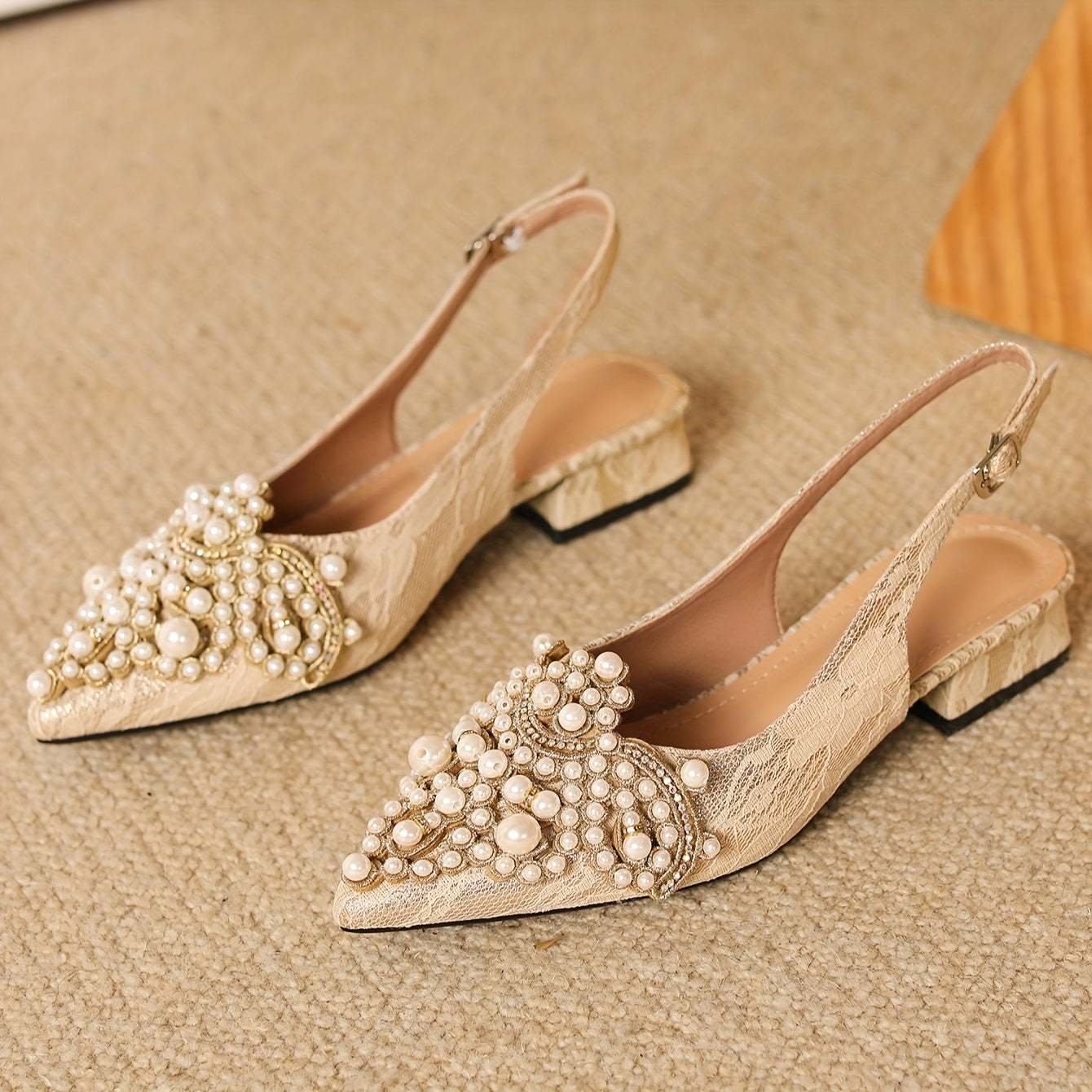 Women's Low Heel Shoes with Faux Pearl Decoration Pointed Toe Buckle Strap All-Season Elegant Fabric