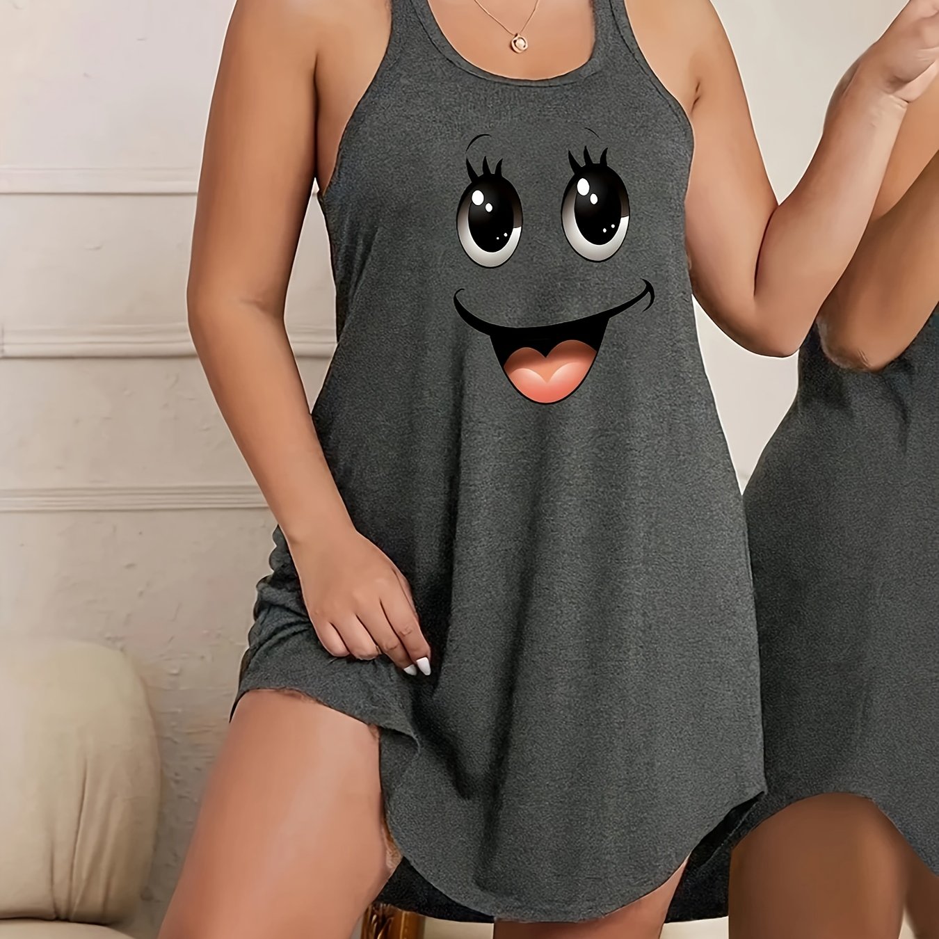 Plus Size Women's Sleepwear Nightgown Blue Face Print Casual Stretchy Sleep Dress