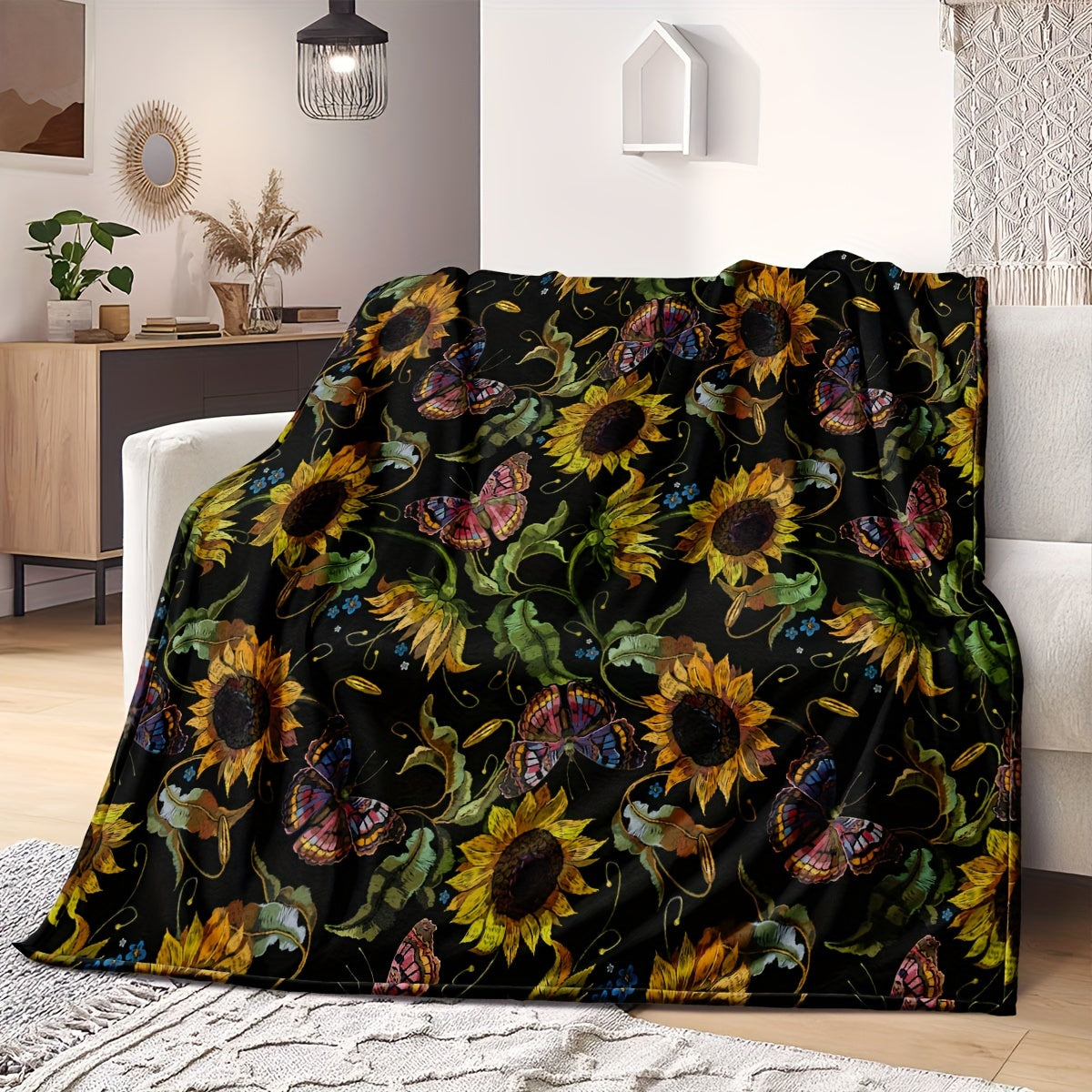 Sunflower Fleece Throw Blanket All-Season Floral Pattern Soft Warm Multi-Use 250-300g