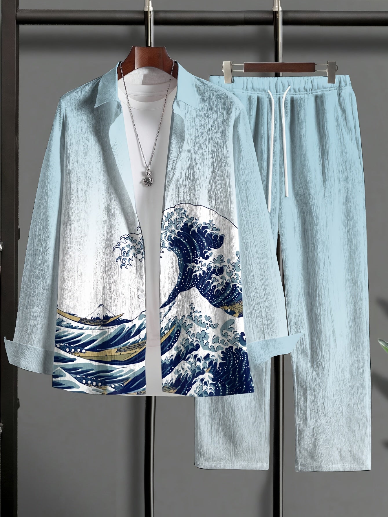 Мужской трикотажный комплект большого размера в повседневном стиле с полосатым волнообразным узором и карманами, смесь полиэстера