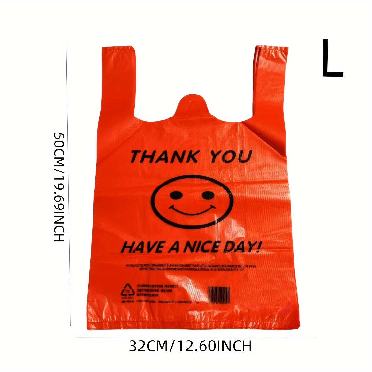 Pack of 50 Red Plastic T-Shirt Bags with Joyful Face Design, Reusable and Strong