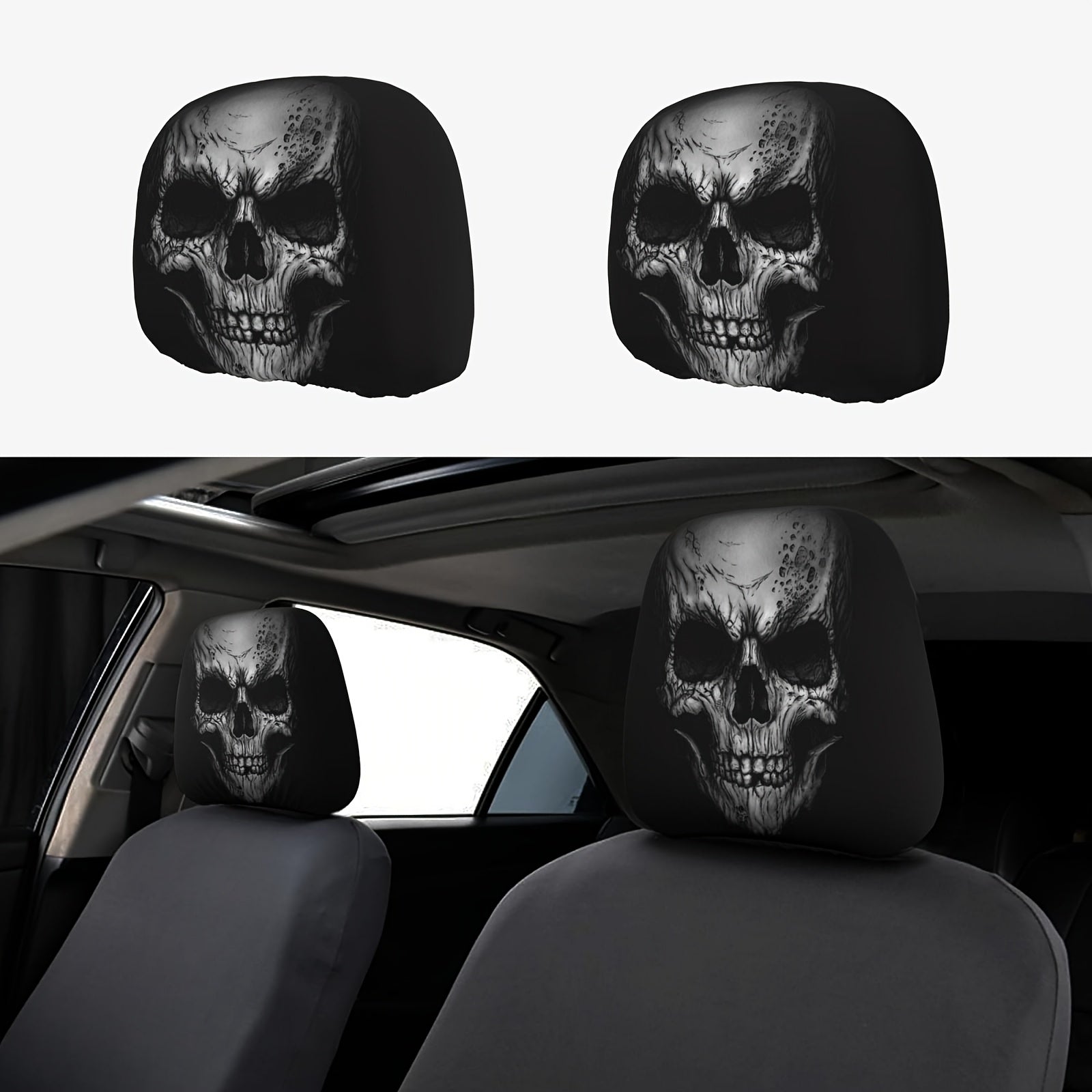 Universal Skull Print Car Seat Headrest Cover Black Stylish Accessory