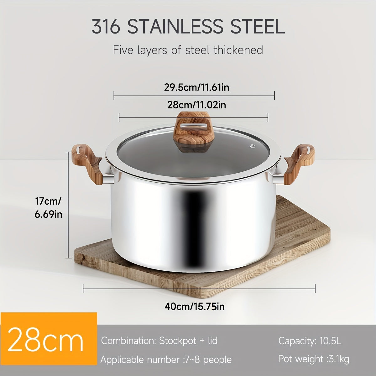Five-Layer Steel Soup Pot with Steamer Non-Stick Induction Compatible 316 Stainless Steel