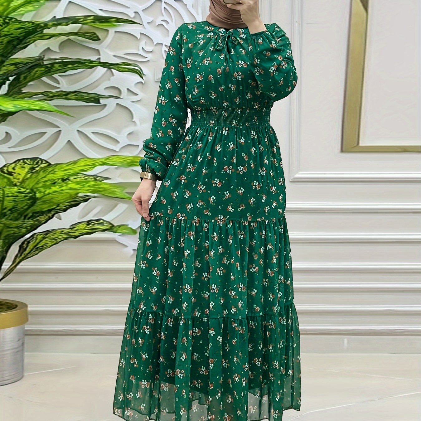 Women's Floral Long Sleeve Maxi Dress with Shirred Waist and Ruffle Hem