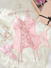Women's Floral Patchwork Lingerie Set with Garter Belt