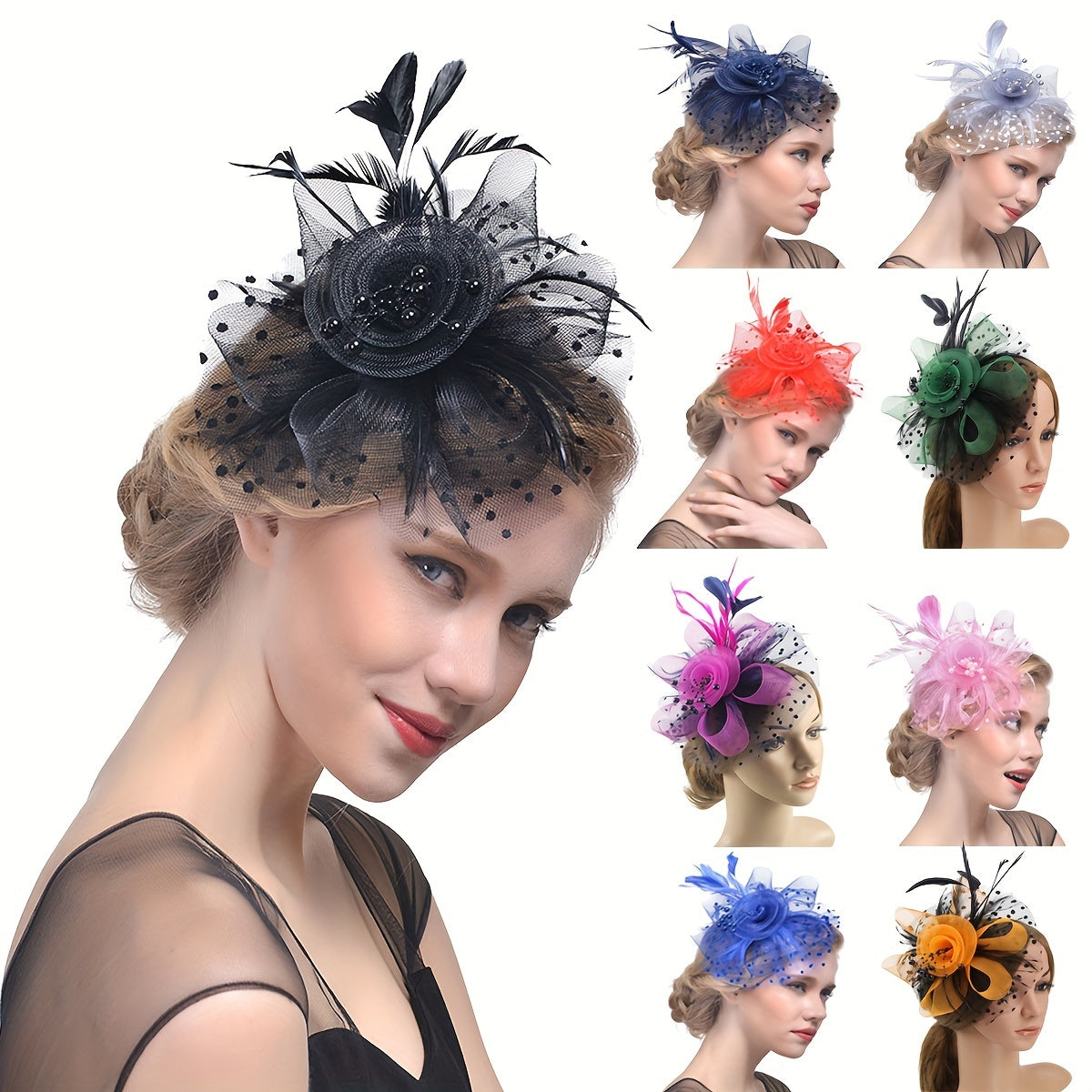 Vintage ayollar uchun fascinator bosh kiyimi, gul tarmog'i va sun'iy qush mo'ylovi bilan, to'ylar va choy partiyalari uchun