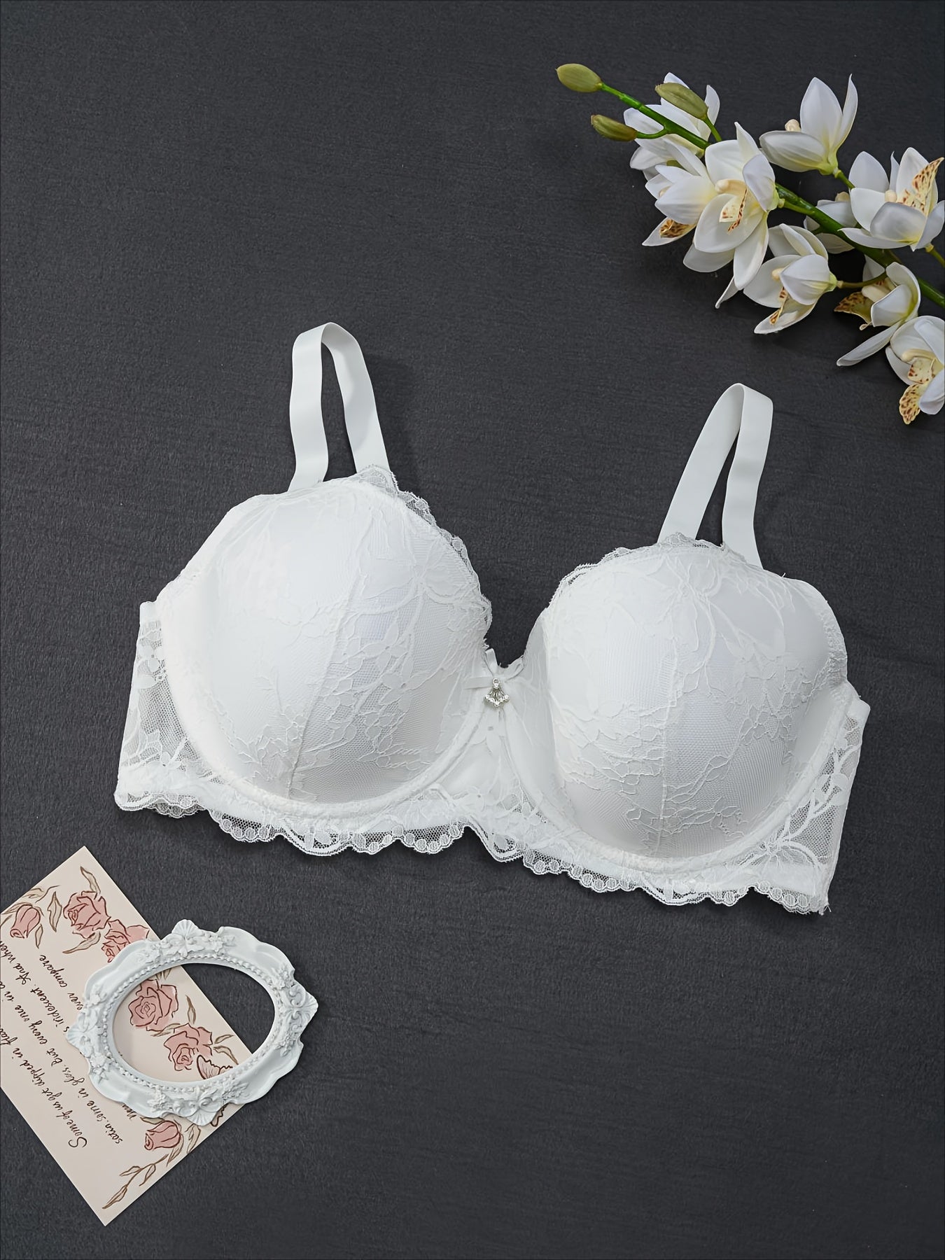 Plus Size Elegant Floral Lace Underwire Bra with Bow Detail