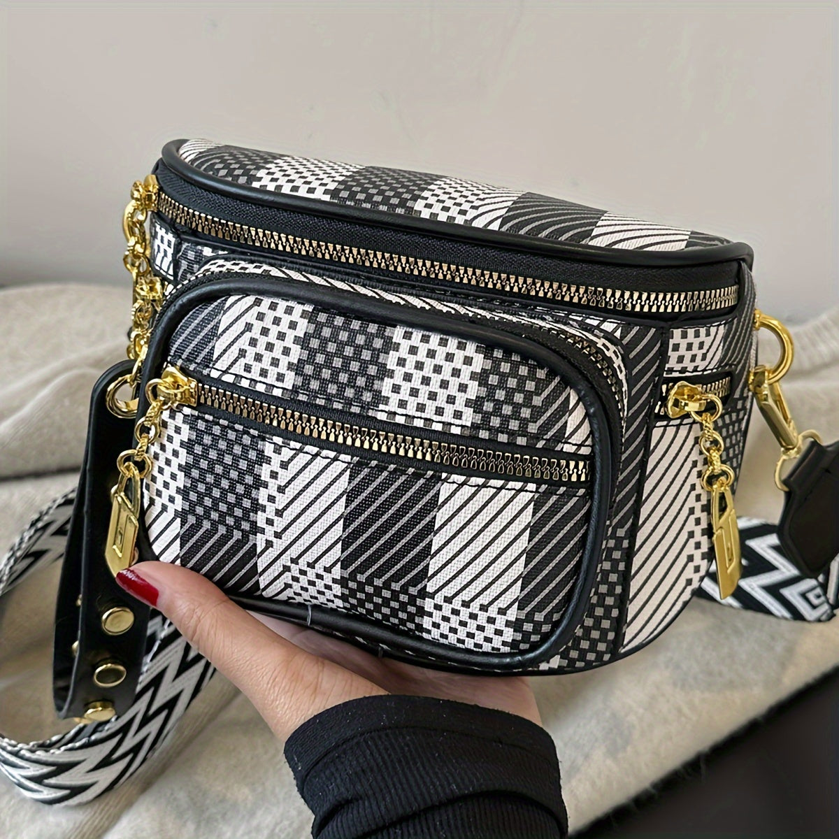 Ayollar uchun Koreys moda ko'krak sumkasi, chiziqli dizayn, sozlanadigan kamar, zip yopilishi