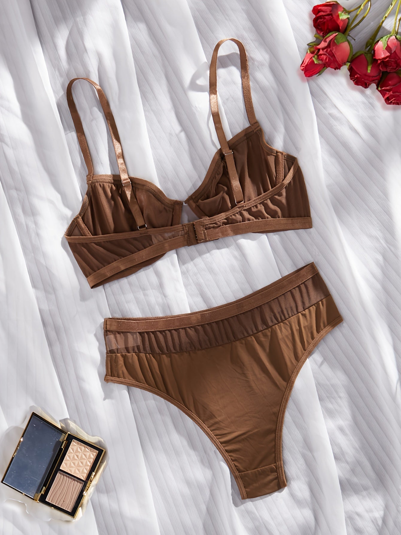 Women's Coffee-Colored Mesh Lingerie Set Sheer Bra and Panties Breathable Polyester