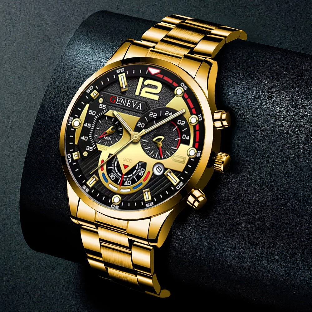 Men's Business Casual Gift Set with Quartz Watch Cross Necklace Bracelet and Ring