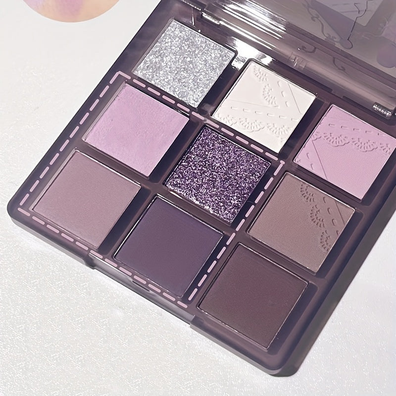 Paleta de sombras de ojos de 9 colores para mujer, morado ahumado, gris, glitter, mate