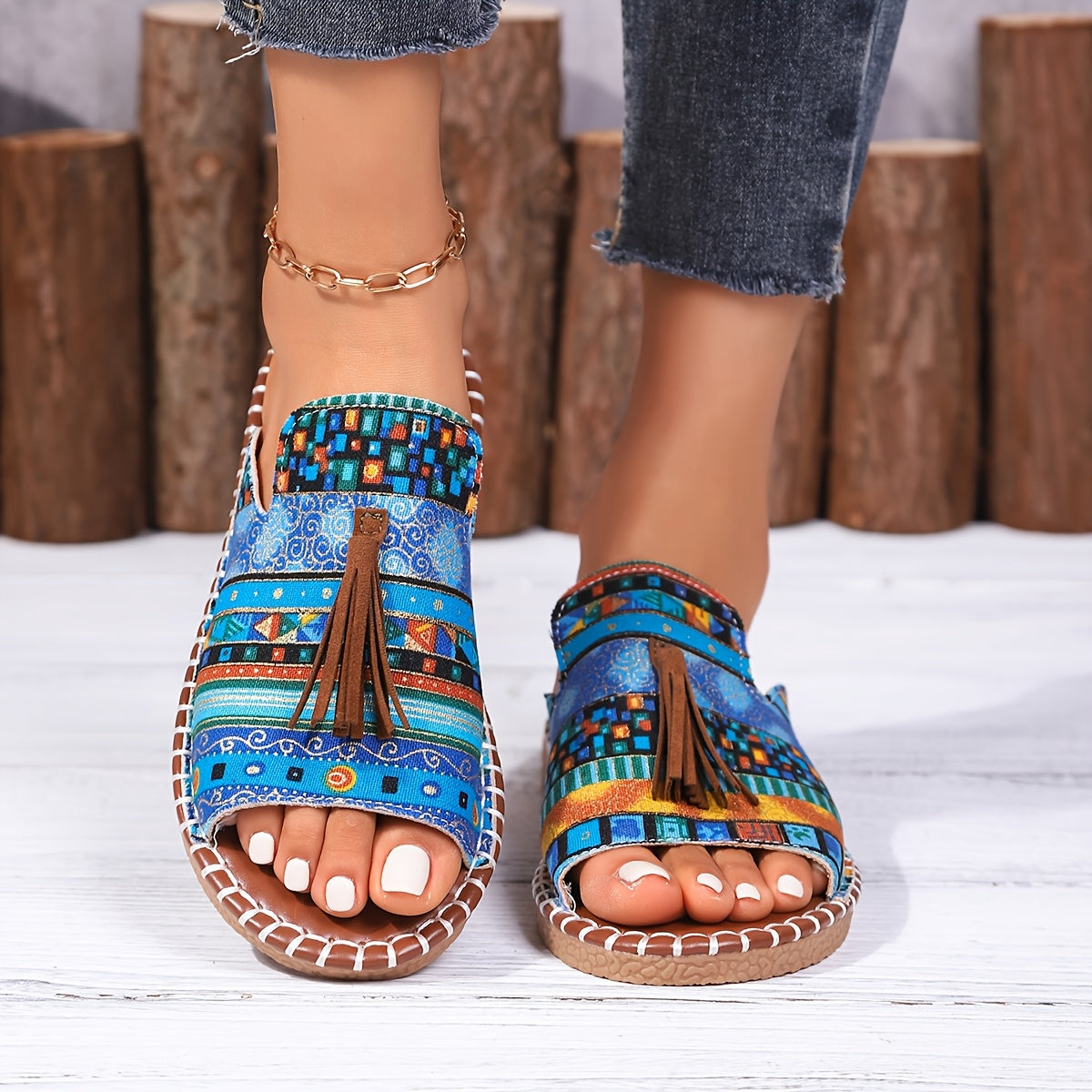 Ayollar uchun Bohemia tekis sandalki, etnik tassel, sirpanchiq bo'lmagan rezina, kundalik plyaj