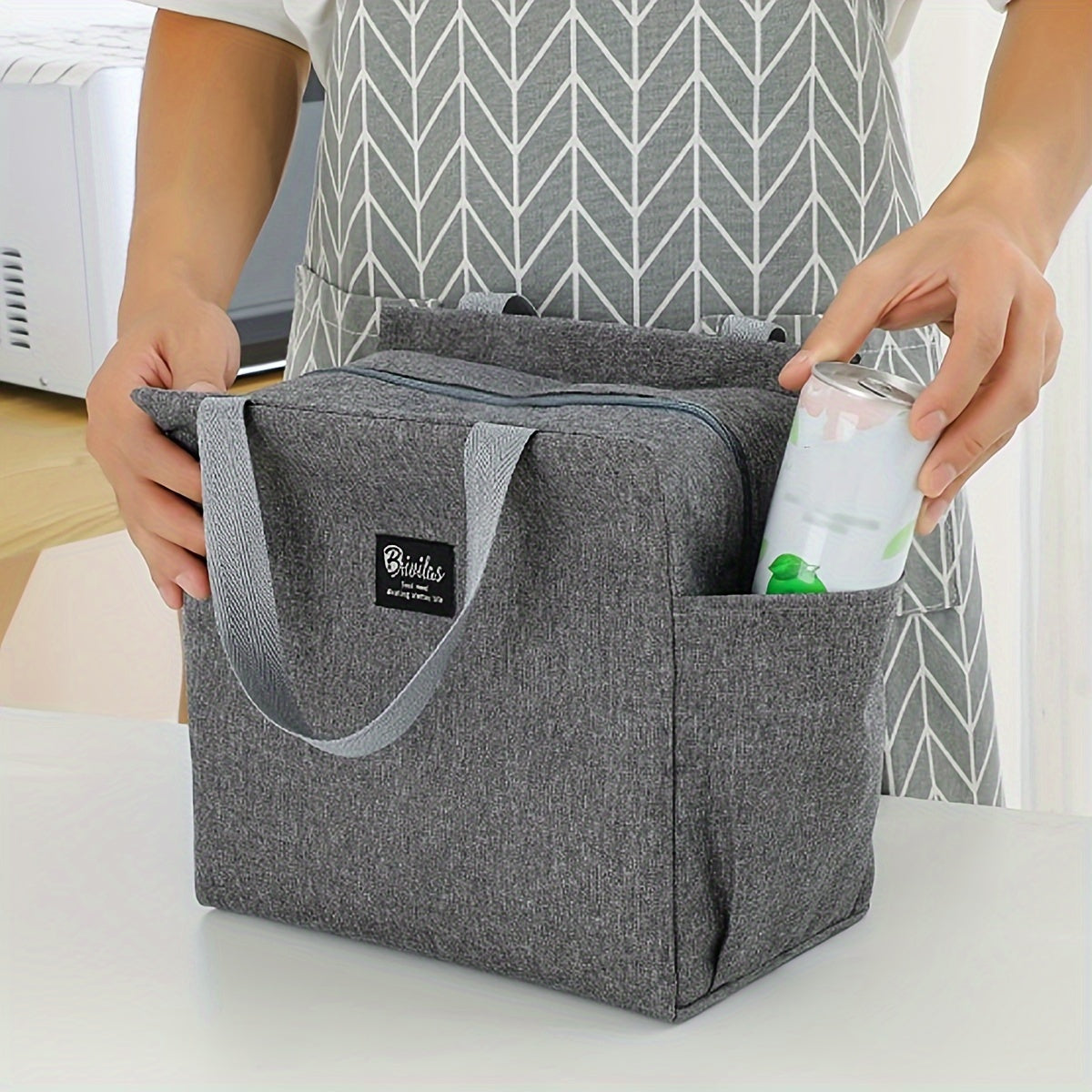 Insulated Oxford Fabric Lunch Bag with Side Pockets for Food and Utensils
